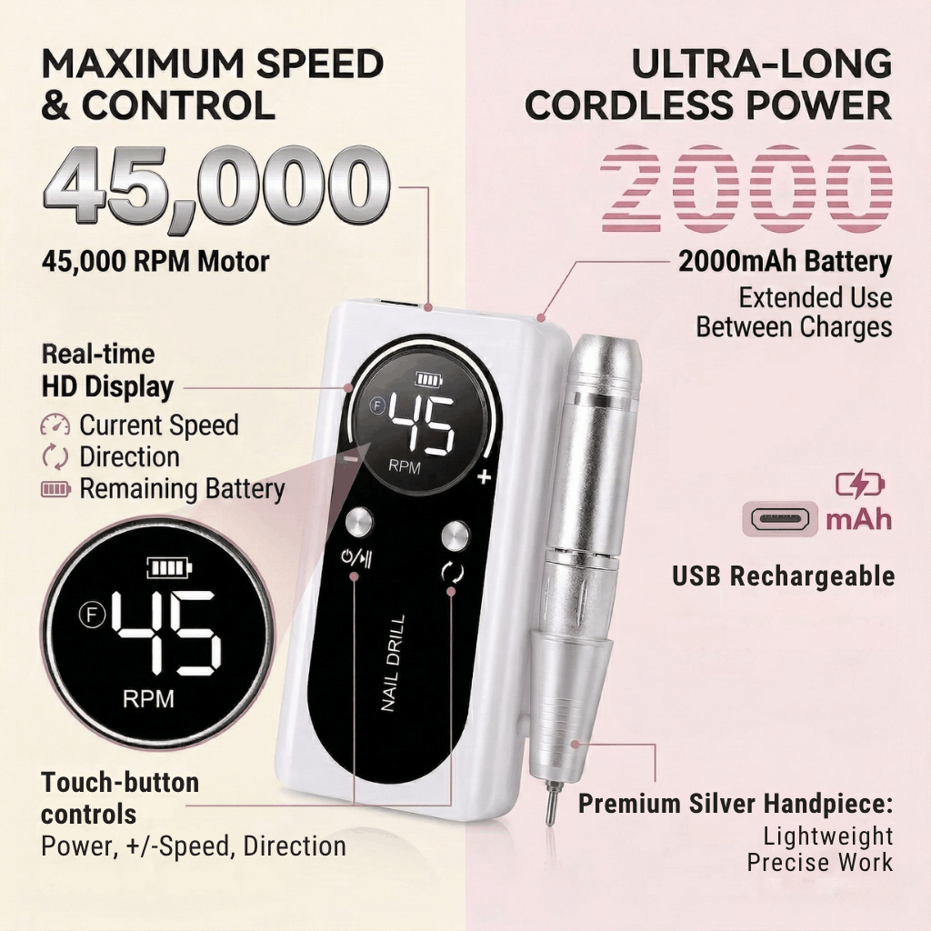 Professional 45000 RPM Wireless Nail Drill for Manicure & Pedicure with Drill Bits Set