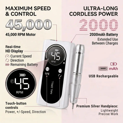 45000 RPM Electric Nail Drill - Rechargeable Portable E-File