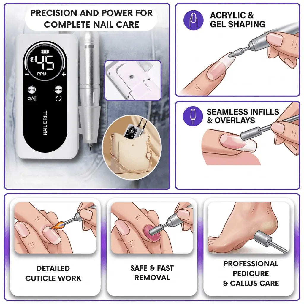 45000 RPM Electric Nail Drill - Rechargeable Portable E-File