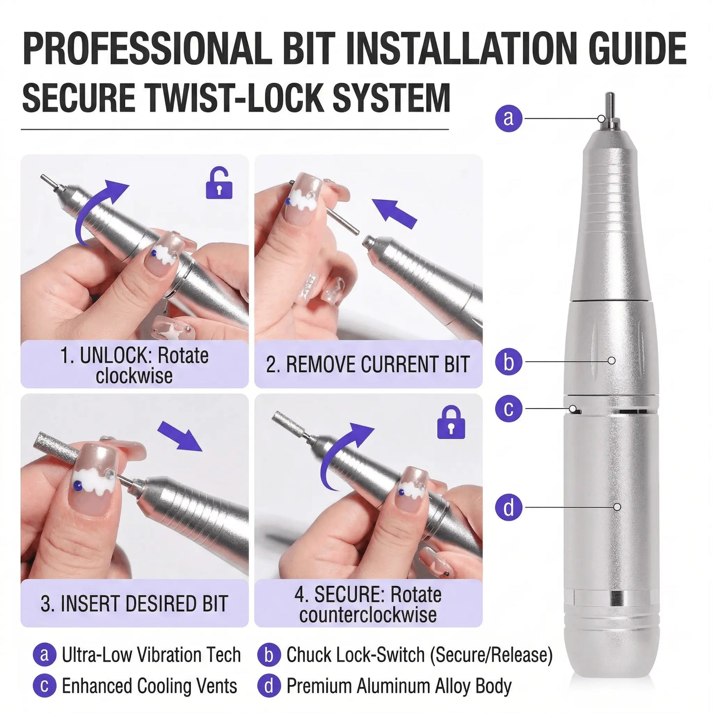 45000 RPM Electric Nail Drill - Rechargeable Portable E-File
