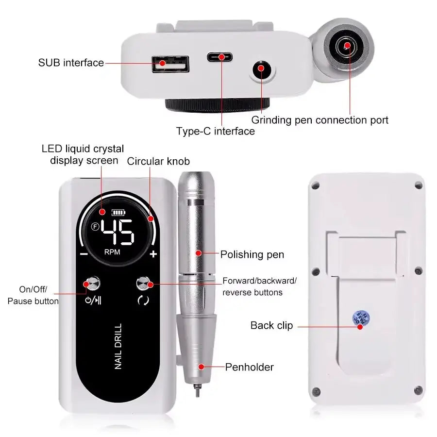 45000 RPM Electric Nail Drill - Rechargeable Portable E-File